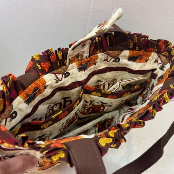 Handmade Autumn Fabric Button Closure Cotton Tote Handbag w/Eyeglass Case NEW - Picture 6 of 10